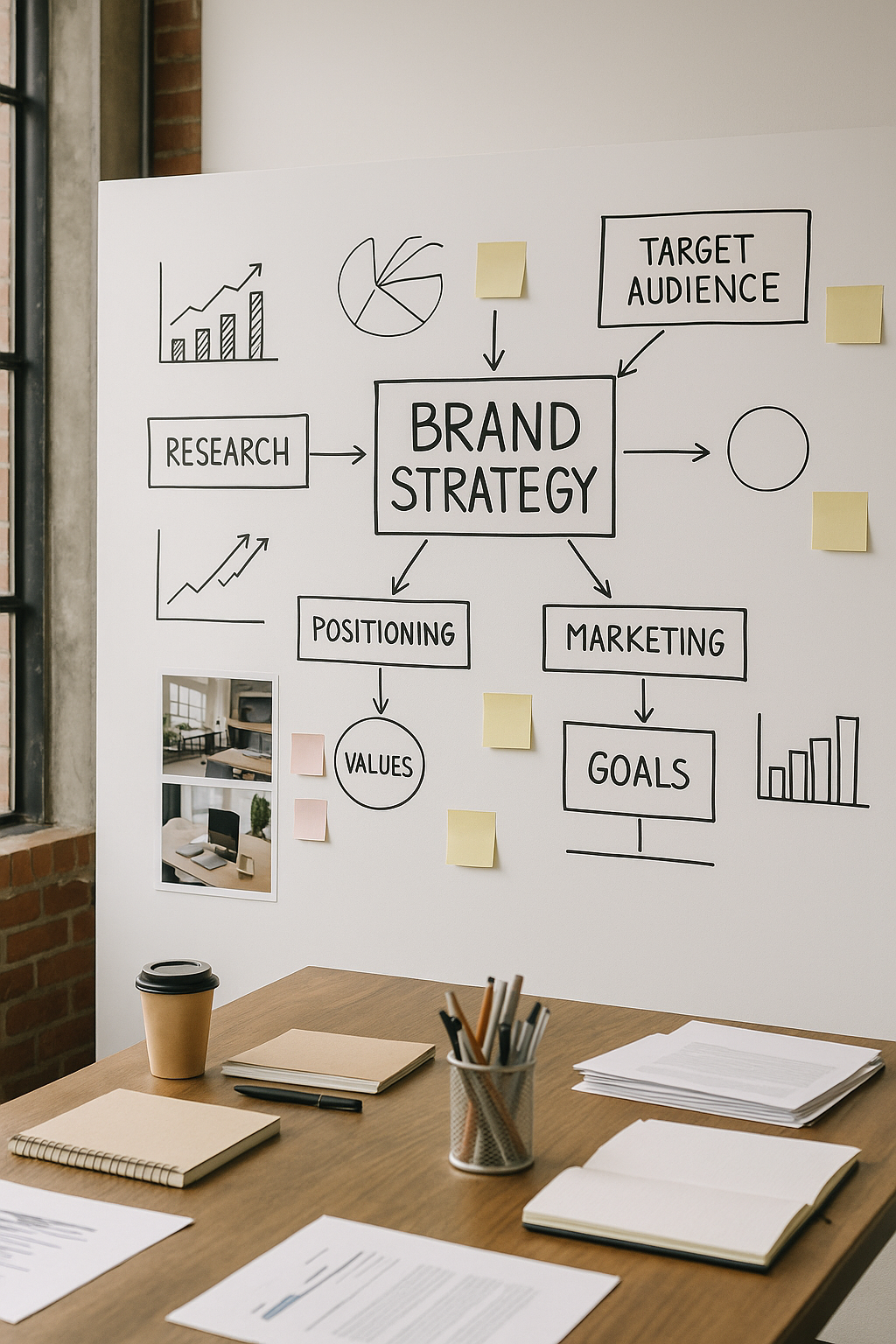 Muro de trabajo con un diagrama de estrategia de marca: investigación, posicionamiento, marketing, valores y objetivos conectados entre sí.